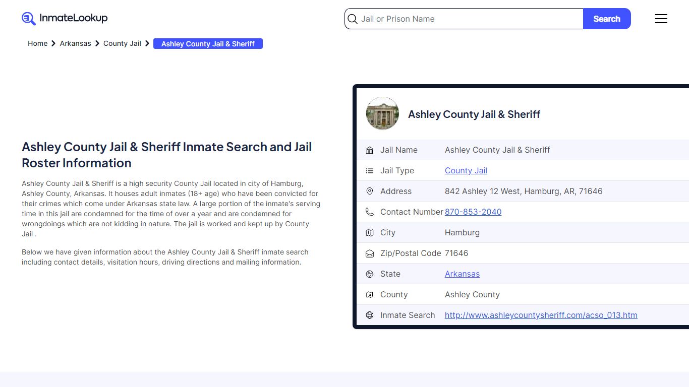 Ashley County Jail & Sheriff (AR) Inmate Search and Jail Roster Information